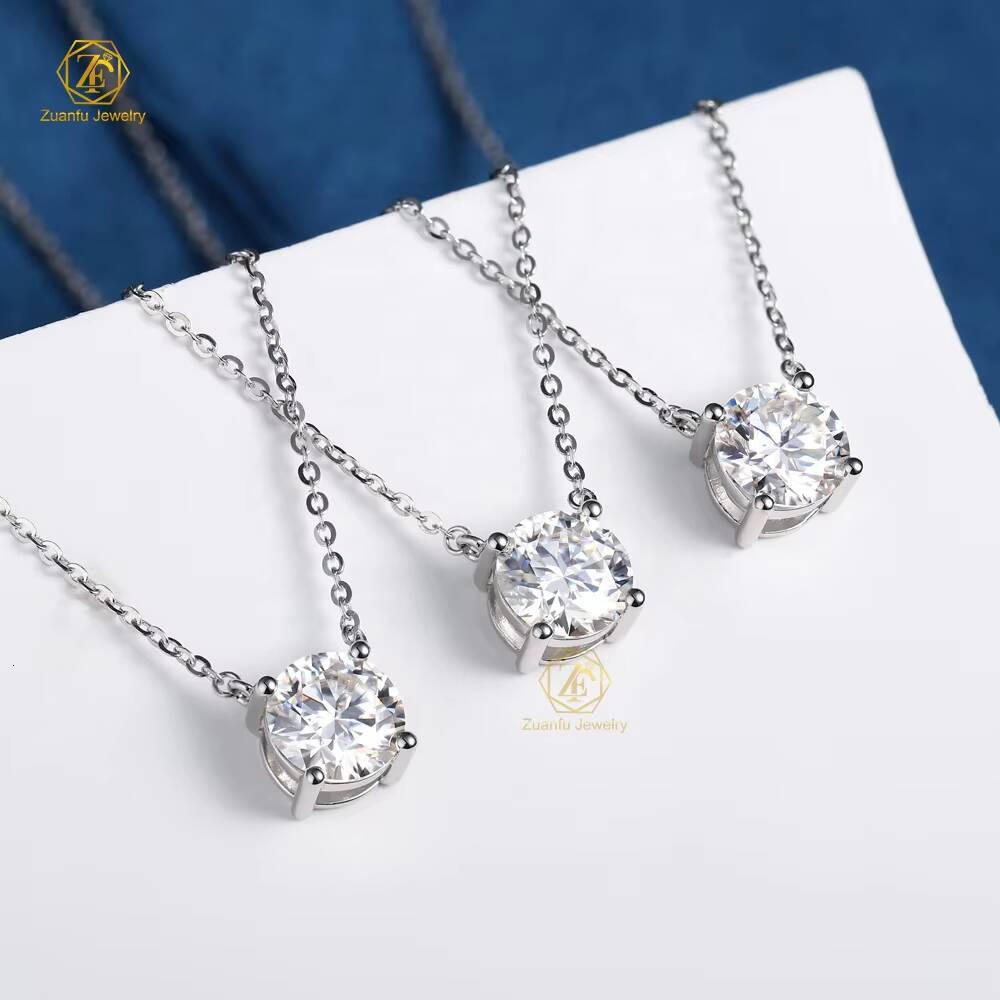Custom Romantic Jewelry Pure 925 Sterling Silver 2 ct Round Moissnaite Pendant Necklace Chain Engagement Gift