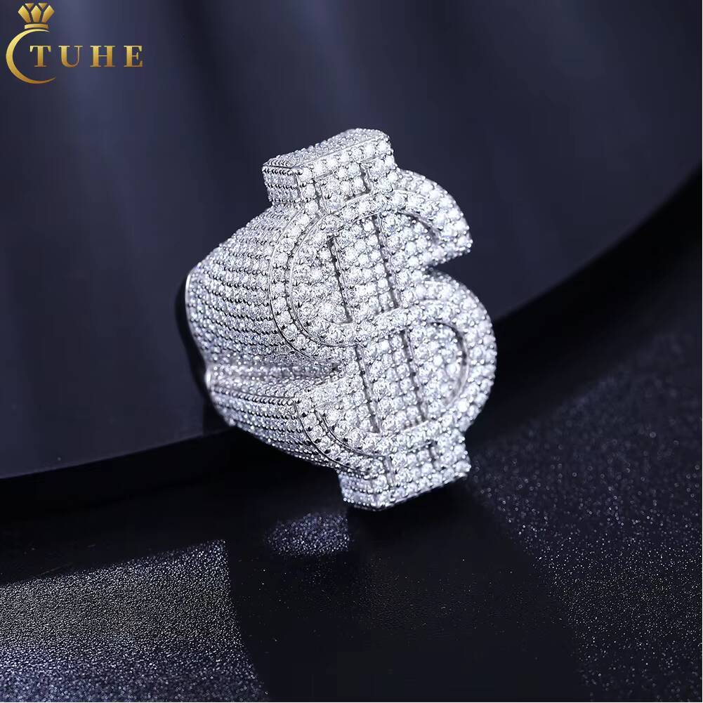 Pass Diamond Tester Full Moissanite Dollar Ring Hip Hop Jewelry 925 Sterling Silver Lab Gemstone Iced Out Men Ring