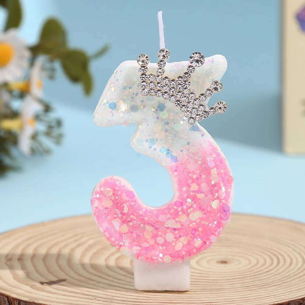 1pc Crown Birthday Digital Festive Atmosphere Princess Style Cake Super Sequins Color Matching Candle S260204