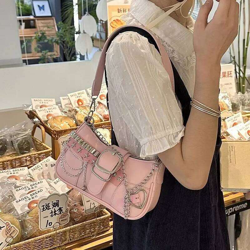 Vintage Korean Casual Cute Pink Star Shoulder Underarm Tote Bag Ladies Sling Bags Leather Zip Purses Women Chain Y2k Handbag New C260204