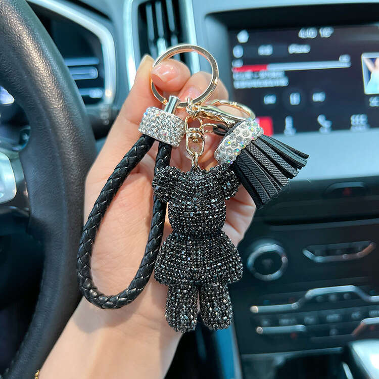 Personalized Full Diamond Little Violent Bear Cute Braided Rope Tassel Car Keychain Exquisite Gift Pendant