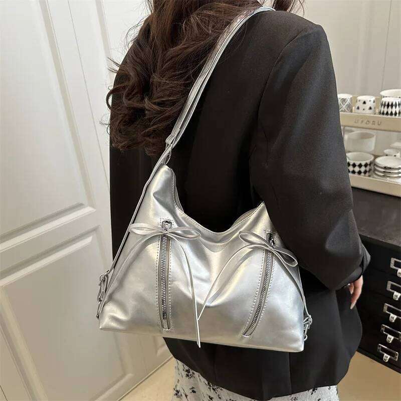 All-match Silver Bowknot Shoulder Large Capacity Korean New Style Tote Fashion Elegant Bow Crossbody Bag Daily C260204