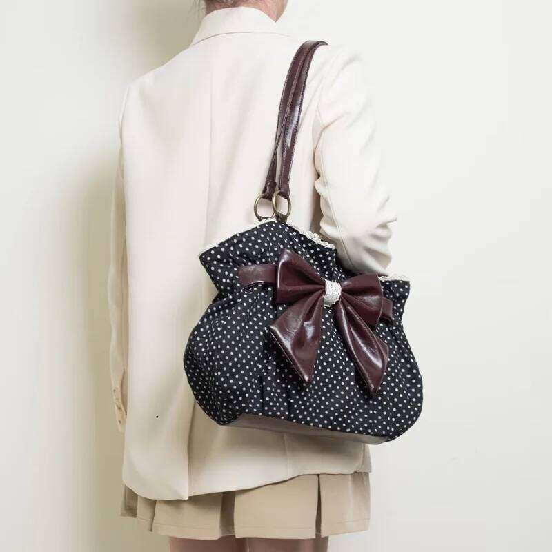 Sweet Bow Shoulder Retro Polka Dot Tote Fashion Women' Color Blocking Lace Canvas Bag Japanese Y2k Style Handbag C260204
