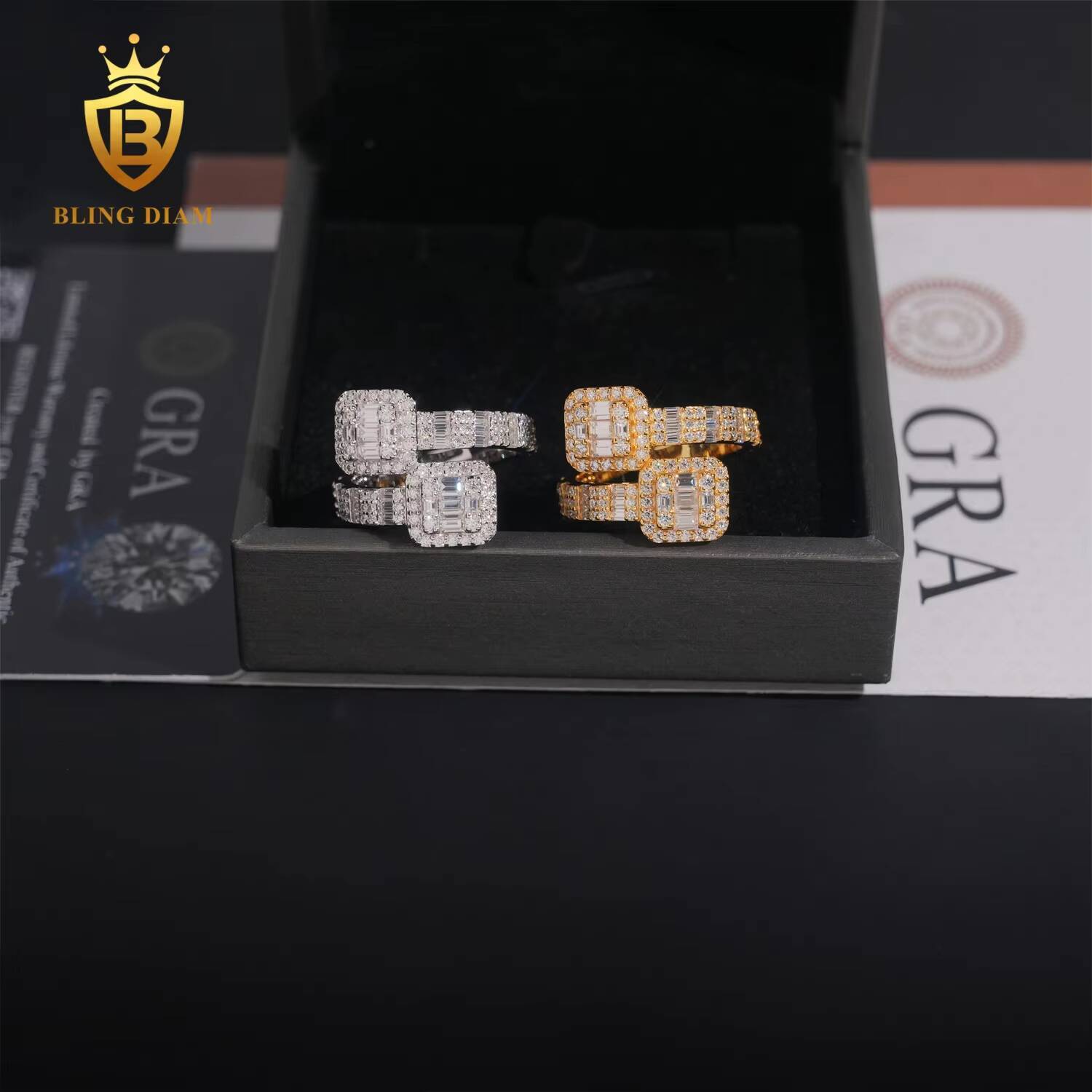 Hip Hop Jewelry 925 Sterling Silver Gold Plated VVS Full Moissanite Lab Grown Diamond Adjustable Open Square Ring for Men