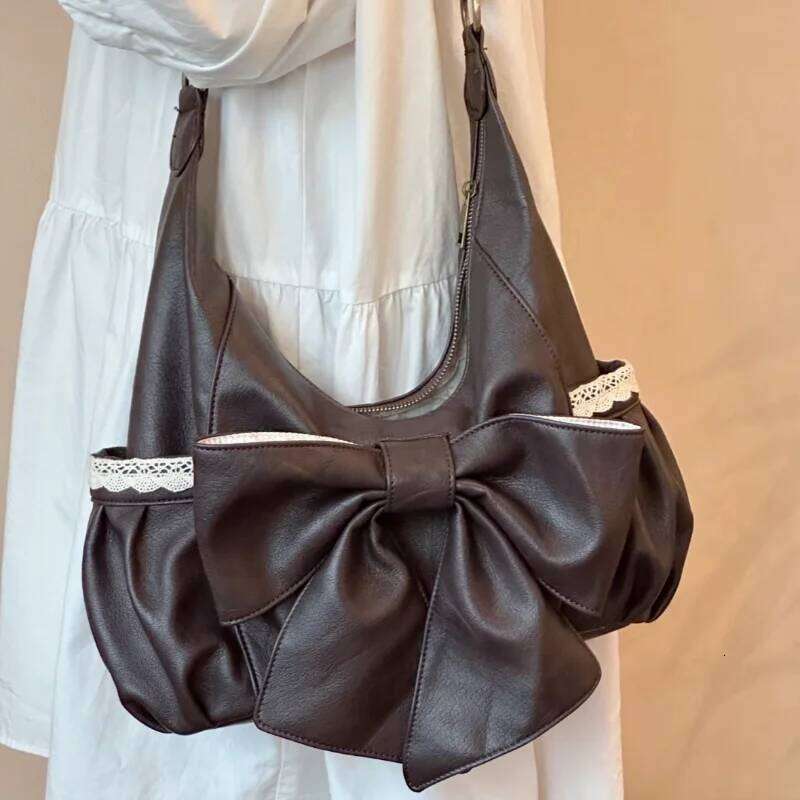 Bow-knot Lace Shoulder Vintage Coffee-colored Large Capacity Handbag Y2k Hot Girl Student Commuting Casual Crossbody Bag C260204