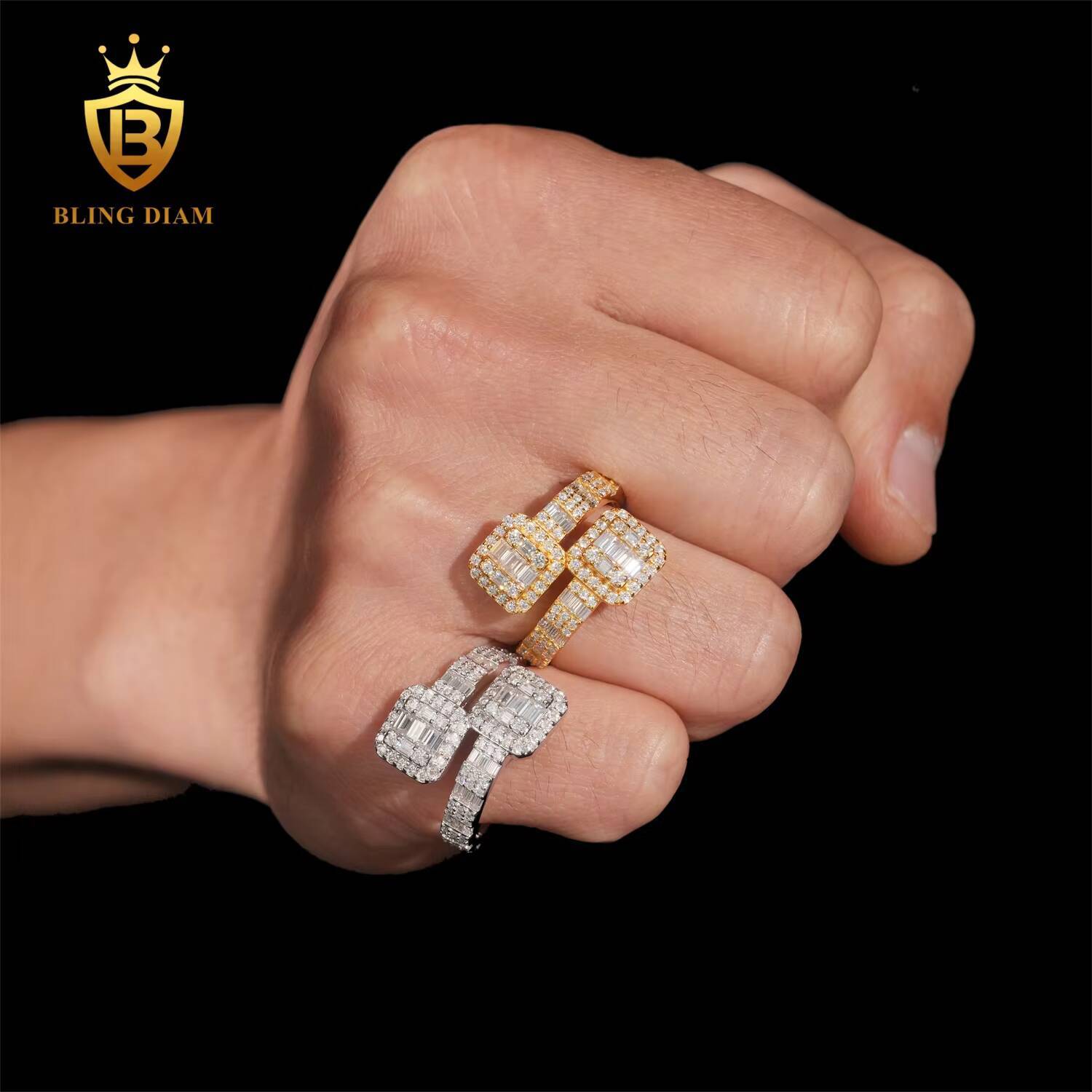 Hip Hop Jewelry 925 Sterling Silver Gold Plated VVS Full Moissanite Lab Grown Diamond Adjustable Open Square Ring for Men