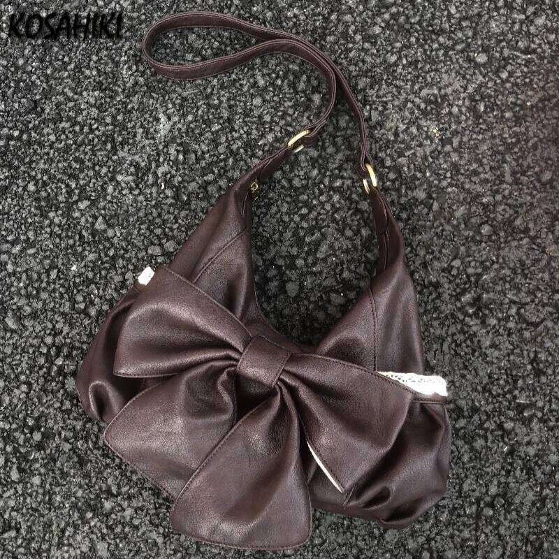 Vintage Casual Fashion Chic Bow Shoulder Bag Women Sweet Y2k Aesthetic Pleated Handbags Korean Ins Patchwork Lace Crossbody Bags C260204