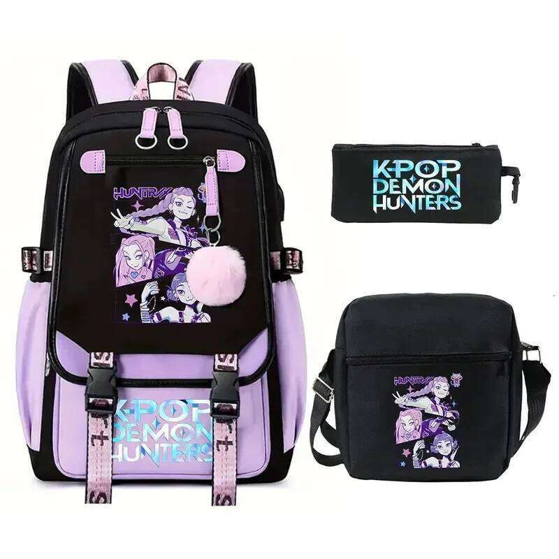 3pcs Kpop Demon Hunters With Shoulder Pencil Case Teeneger Large Capacity Outdoor Travel Backpack Women Laptop Bag Z260202