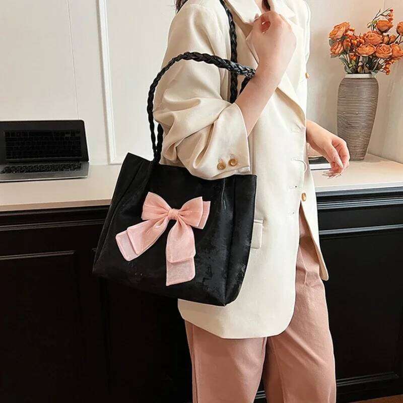 Fashion Girls Bowknot Soft Shoulder Solid Zipper Versatile Ballet Style Portable Tote Braid Strap Underarm Casual Bag C260204