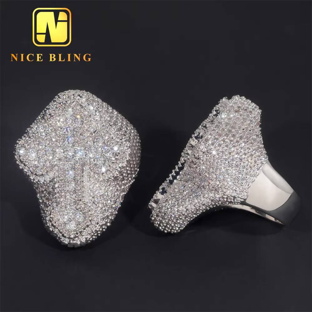 Luxury Rappers Style Diamond Tester Hip Hop Jewelry VVS Diamond Iced Out 925 Sterling Silver Cross Custom Moissanite Ring