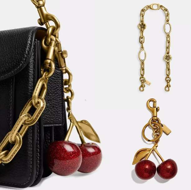 Golden Cherry Keychain Charm - Shiny Resin Metal Bag Accessory Elegant Gift for Women Purse or Handbag Decoration