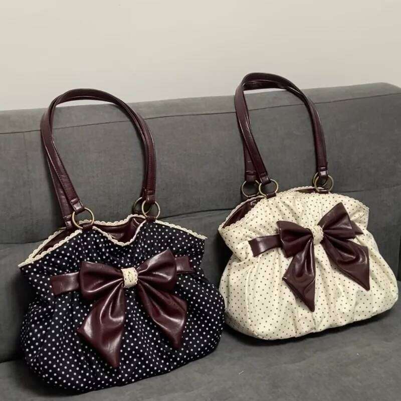 Sweet Bow Shoulder Retro Polka Dot Tote Fashion Women' Color Blocking Lace Canvas Bag Japanese Y2k Style Handbag C260204