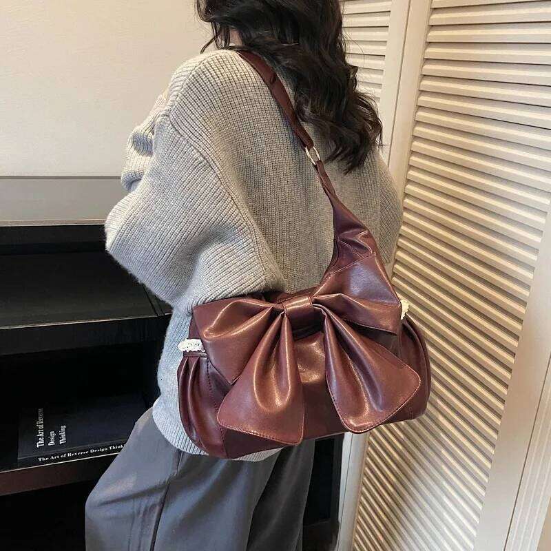 Retro Pu Leather Hobo Bag Big Bow Detail Shoulder Crossbody Bags New Casual Daily Commute Soft Texture Fashion Handbag for Women C260204