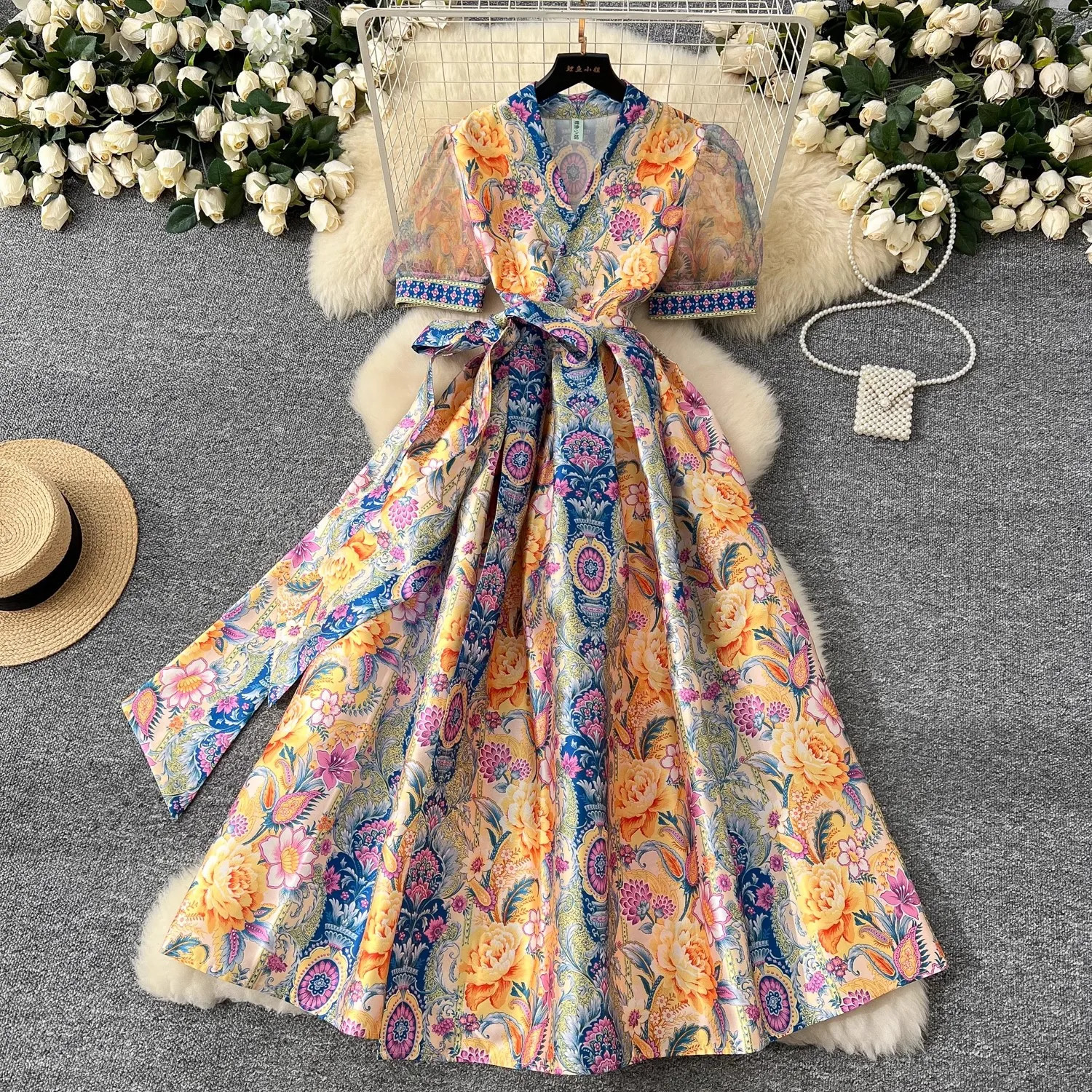 French Gorgeous Flower Holiday Long Dress Womens V-Neck Short Puff Sleeve Lace Up Vintage Maxi Robes Party Vestidos Clothes 260127