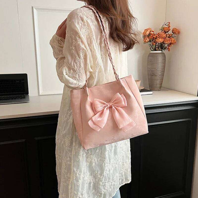 Fashion Girls Bowknot Soft Shoulder Solid Zipper Versatile Ballet Style Portable Tote Braid Strap Underarm Casual Bag C260204