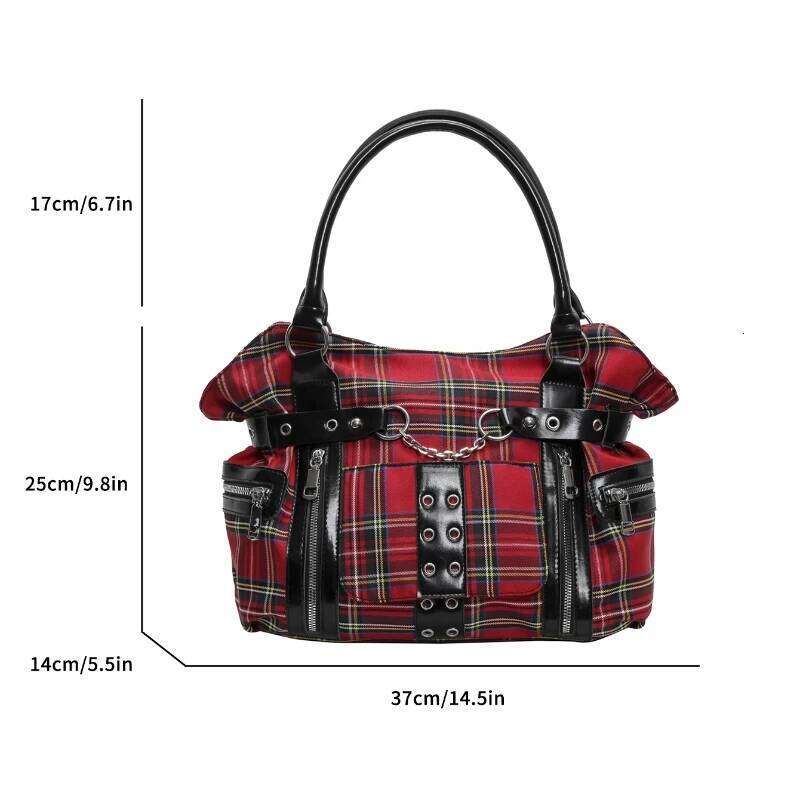 Fashion Check Pattern Gothic Punk Tote Large Capacity Rivet Belt Design Women's Casual Commuter Shoulder Hand-held Bag C260204