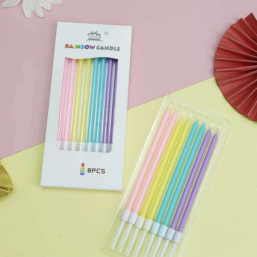 8PCS Long Colored Pencils Happy Birthday Cake Rainbow Princess Children's Party Decorated Candles S260204