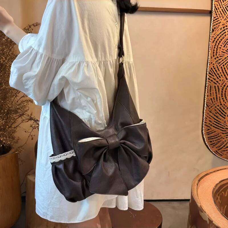 Bow Women's Crossbody Stylish Lace-trimmed Vintage Brown Handbag Large Capacity Student Shoulder Bag With Side Pockets C260204
