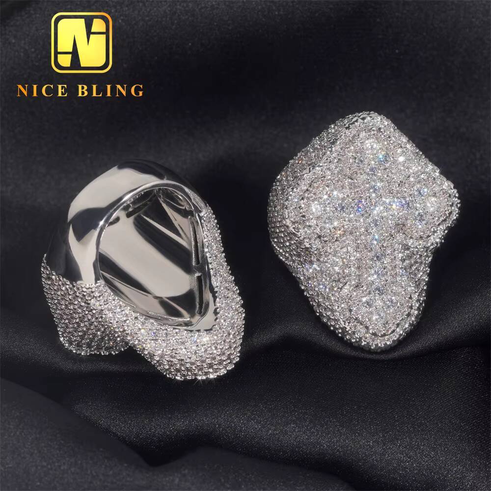 Luxury Rappers Style Diamond Tester Hip Hop Jewelry VVS Diamond Iced Out 925 Sterling Silver Cross Custom Moissanite Ring