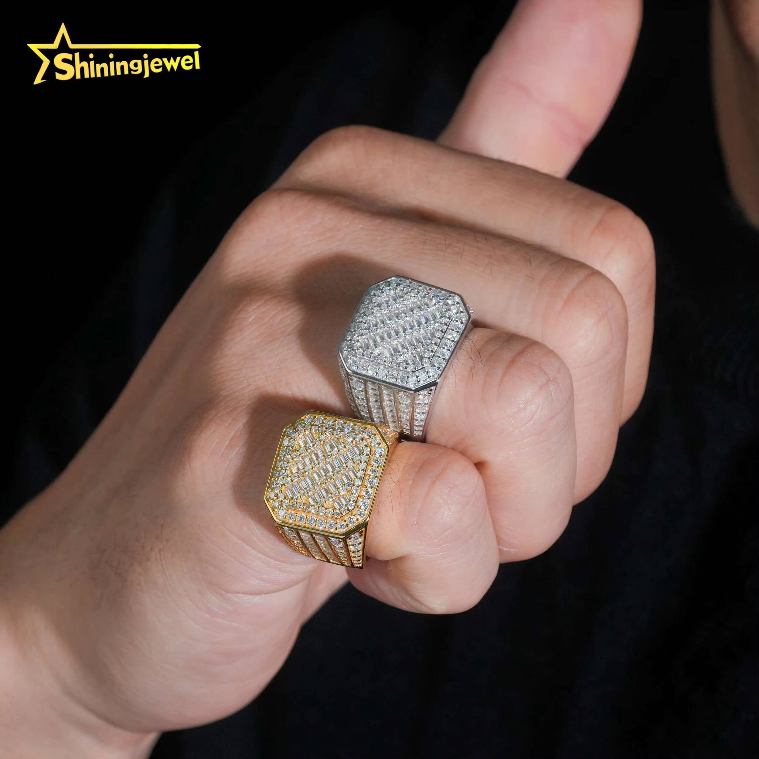 Iced Out 18k Gold Plated baguette Cut Moissanite Ring Fashion Hip Hop Jewelry S925 Silver Men Engagement Ring