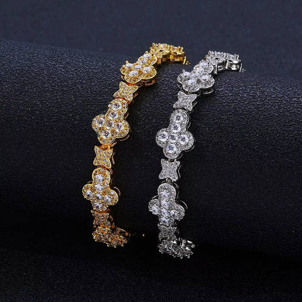 New Mens Iced Chain Link Bracelet Full Paved Moissanite Star Cross Charm 18K Gold Plated Copper Alloy Hip Hop Anniversary
