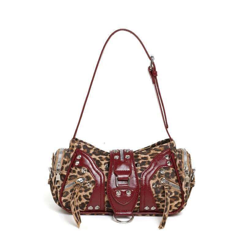 New PU Vintage Oil Wax Leather Rivet Motorcycle for Women Luxury Designer Leopard Print Handbags Small Underarm Bag C260204