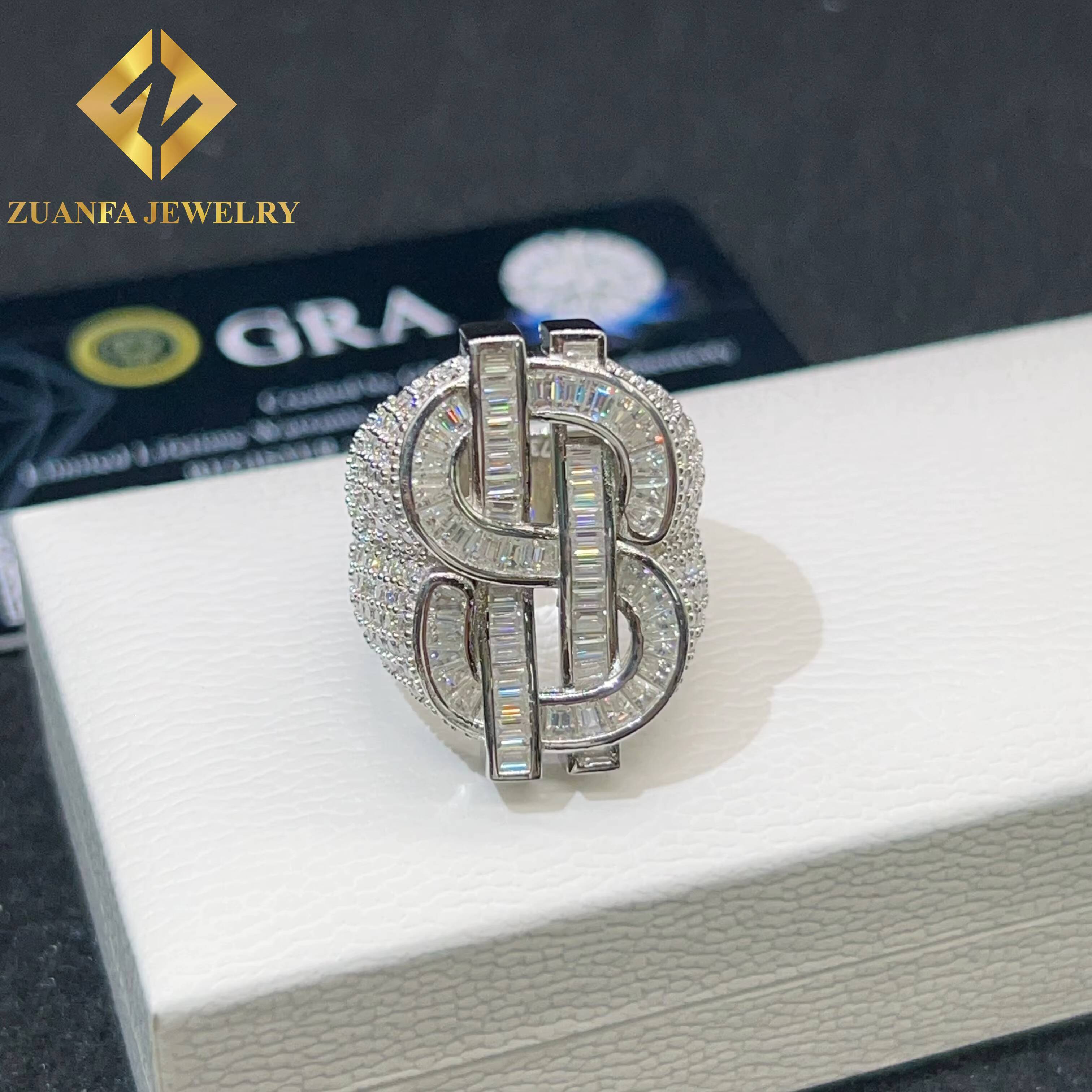 Hiphop 925 Sterling Silver Moissanite USD Dollar Symbol Ring Custom Ice Out Men Moissanite Ring Daily Wear