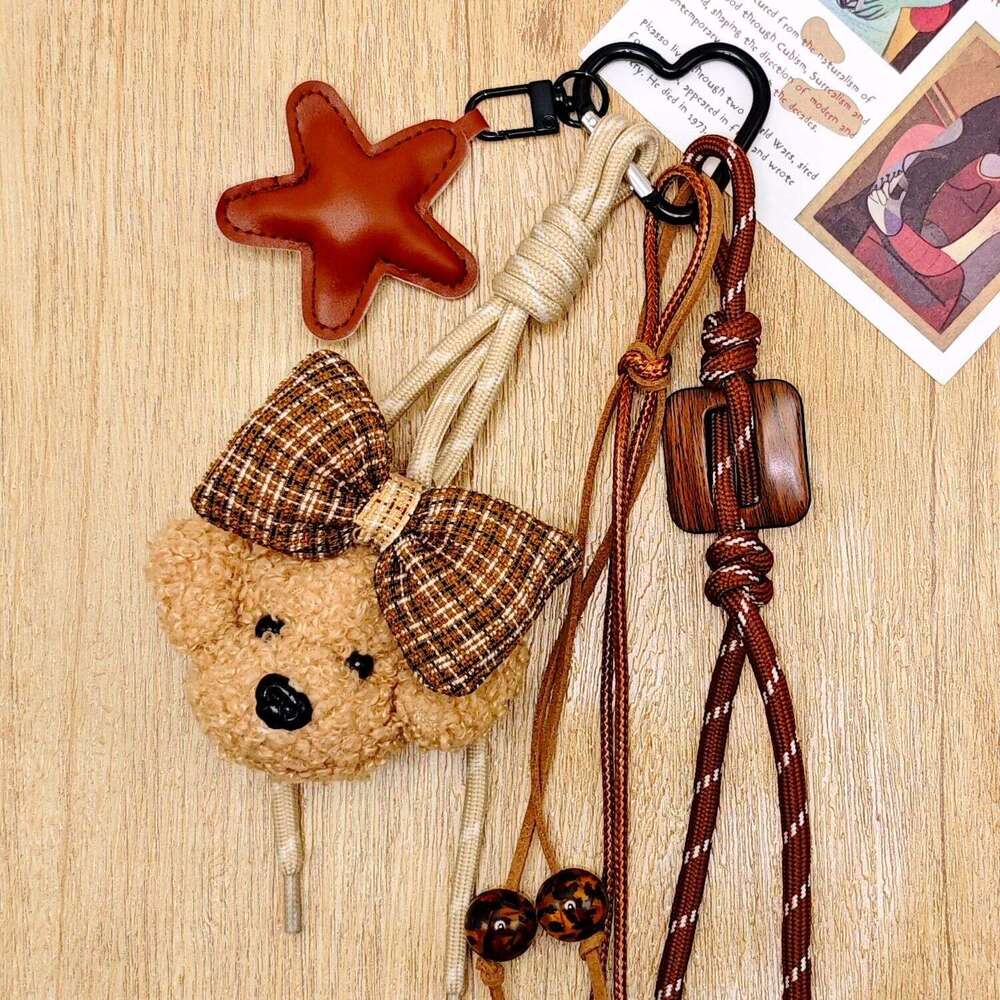 Plush Puppy Bow Keychain PU Star Beads Braided Rope Bag Pendant Accessory Phone Chain