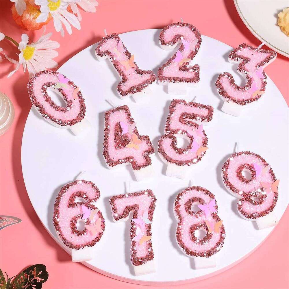 2.9inch Glitter Pink Decorated Number Candle, Cake Decoration Sequin Butterfly Happy Birthday Gift Candles S260204