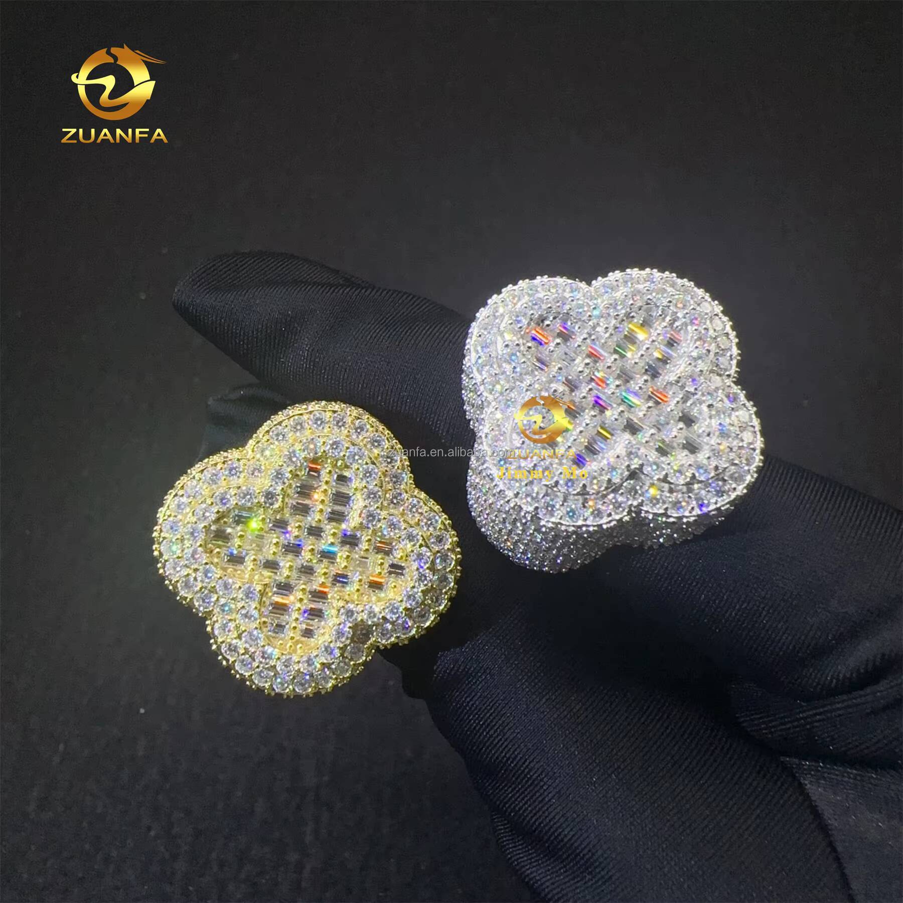 Fashion Man Jewelry Iced Out Flower Four Cleef Clover baguette Moissanite Diamond 925 Silver Hip Hop Ring for Men