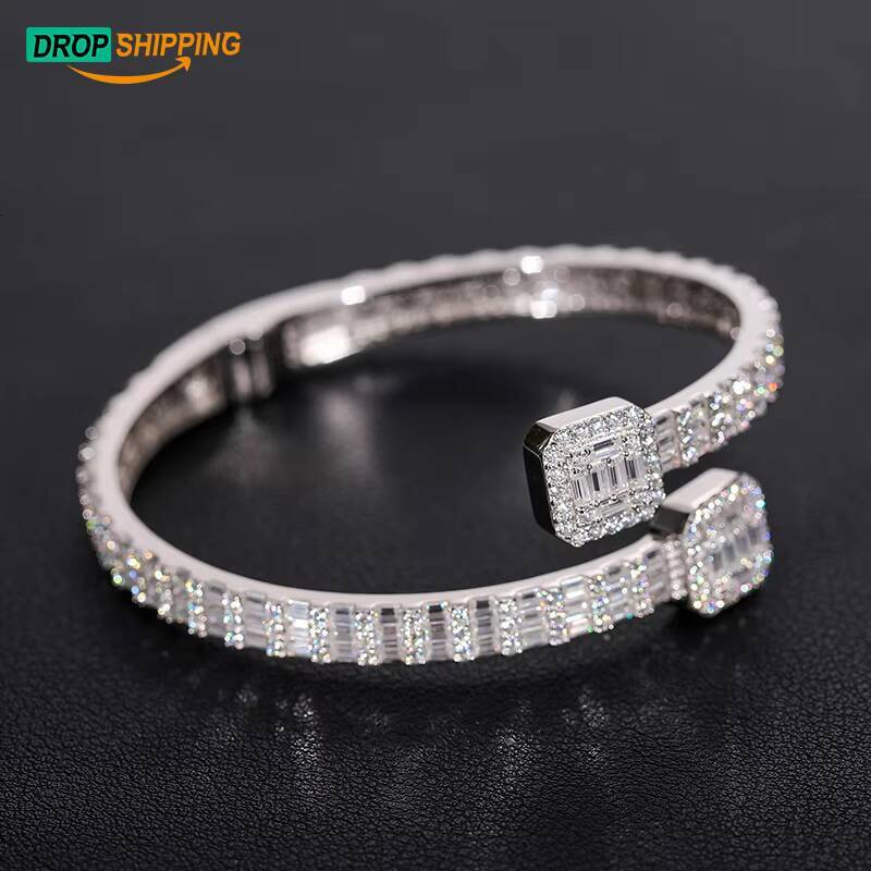 Drop Shipping Hip Hop Jewelry Gold Plated 925 Sterling Silver VVS Baguette Diamond Iced Out Love Cuff Bangle Bracelet for Women