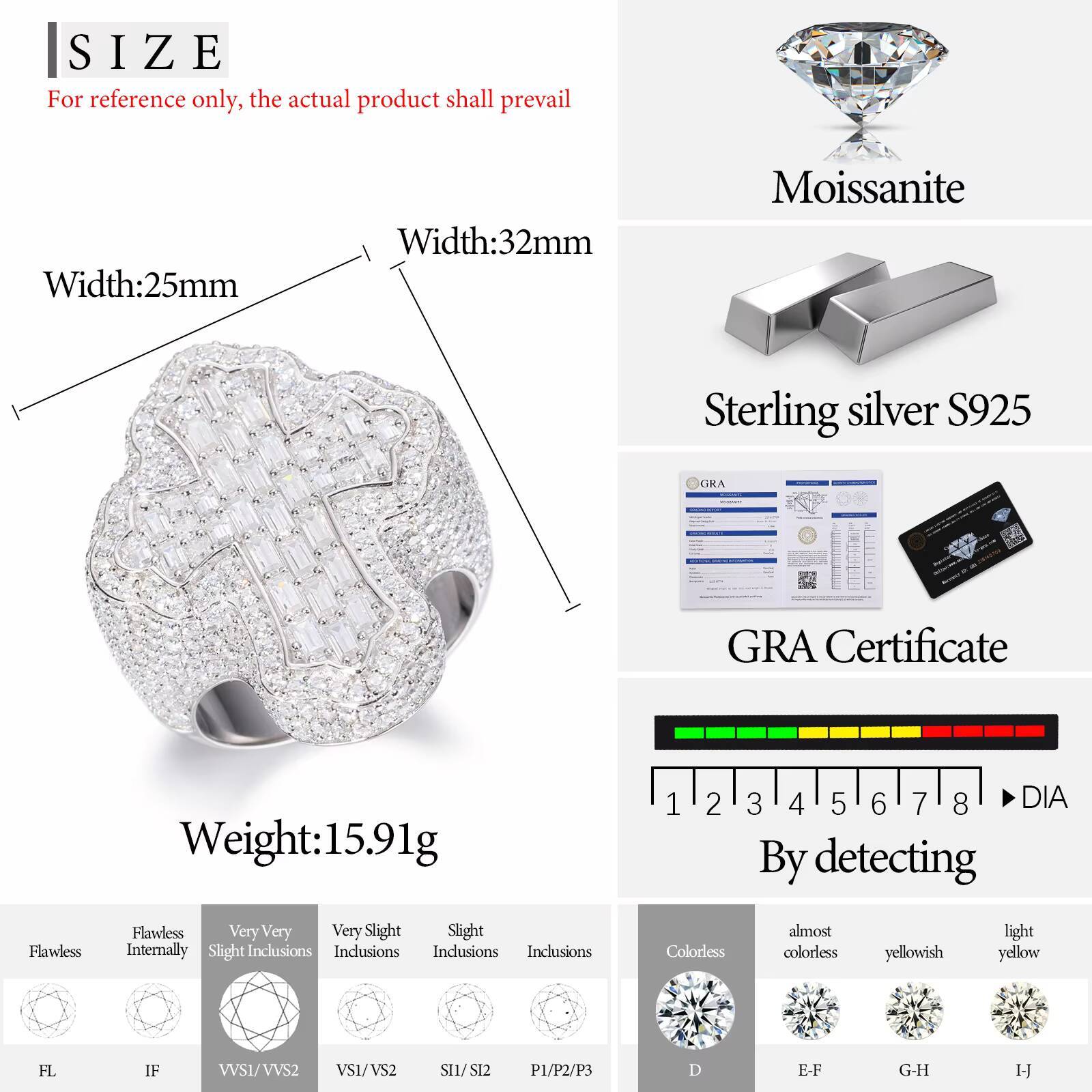Dropshipping Baguette Cross Ring 925 Sterling Silver VVS Moissanite Diamond Iced Out Hip Hop Ring Rock Rapper Fashion Jewelry