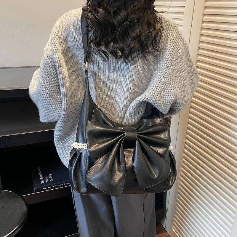 Retro Pu Leather Hobo Bag Big Bow Detail Shoulder Crossbody Bags New Casual Daily Commute Soft Texture Fashion Handbag for Women C260204