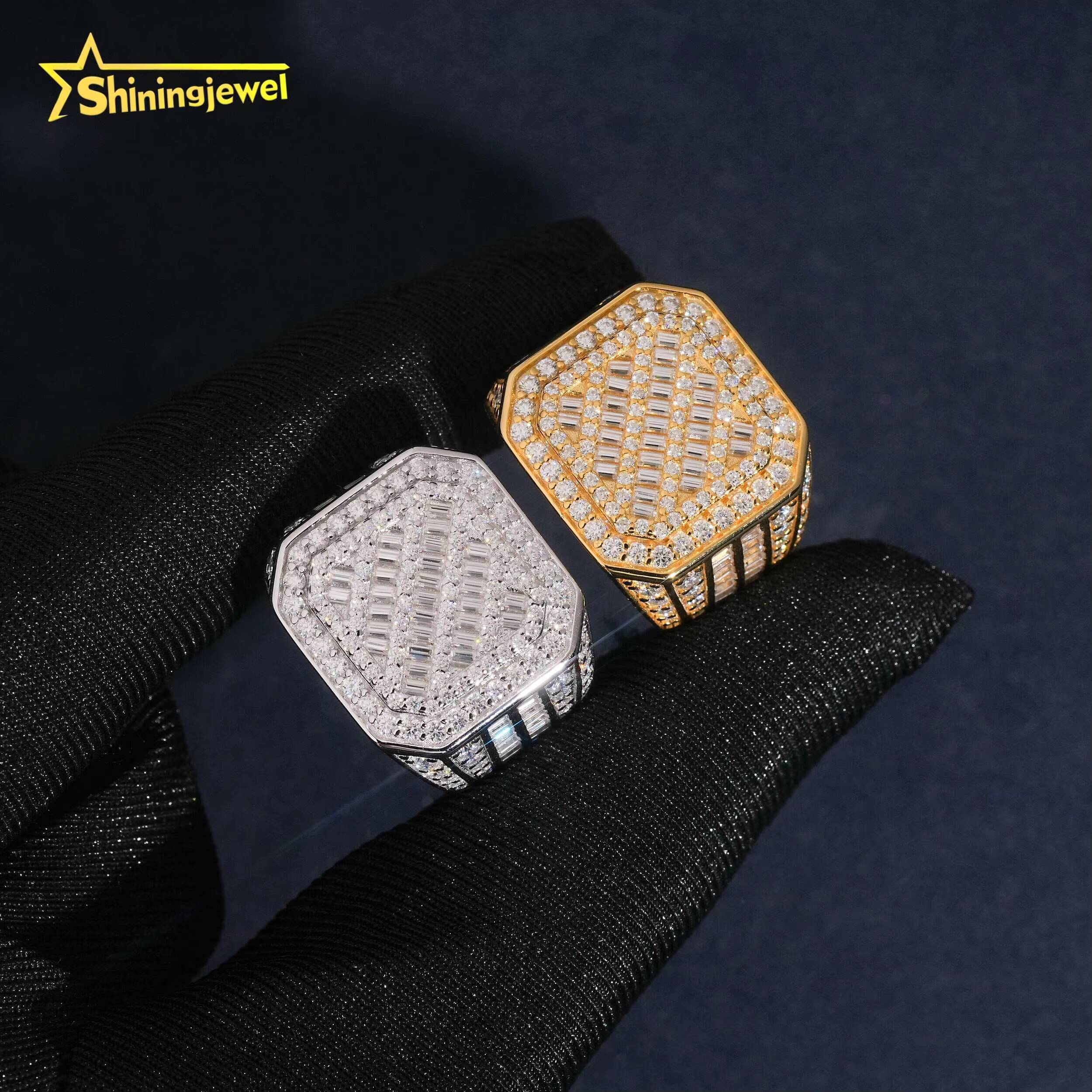 Iced Out 18k Gold Plated baguette Cut Moissanite Ring Fashion Hip Hop Jewelry S925 Silver Men Engagement Ring