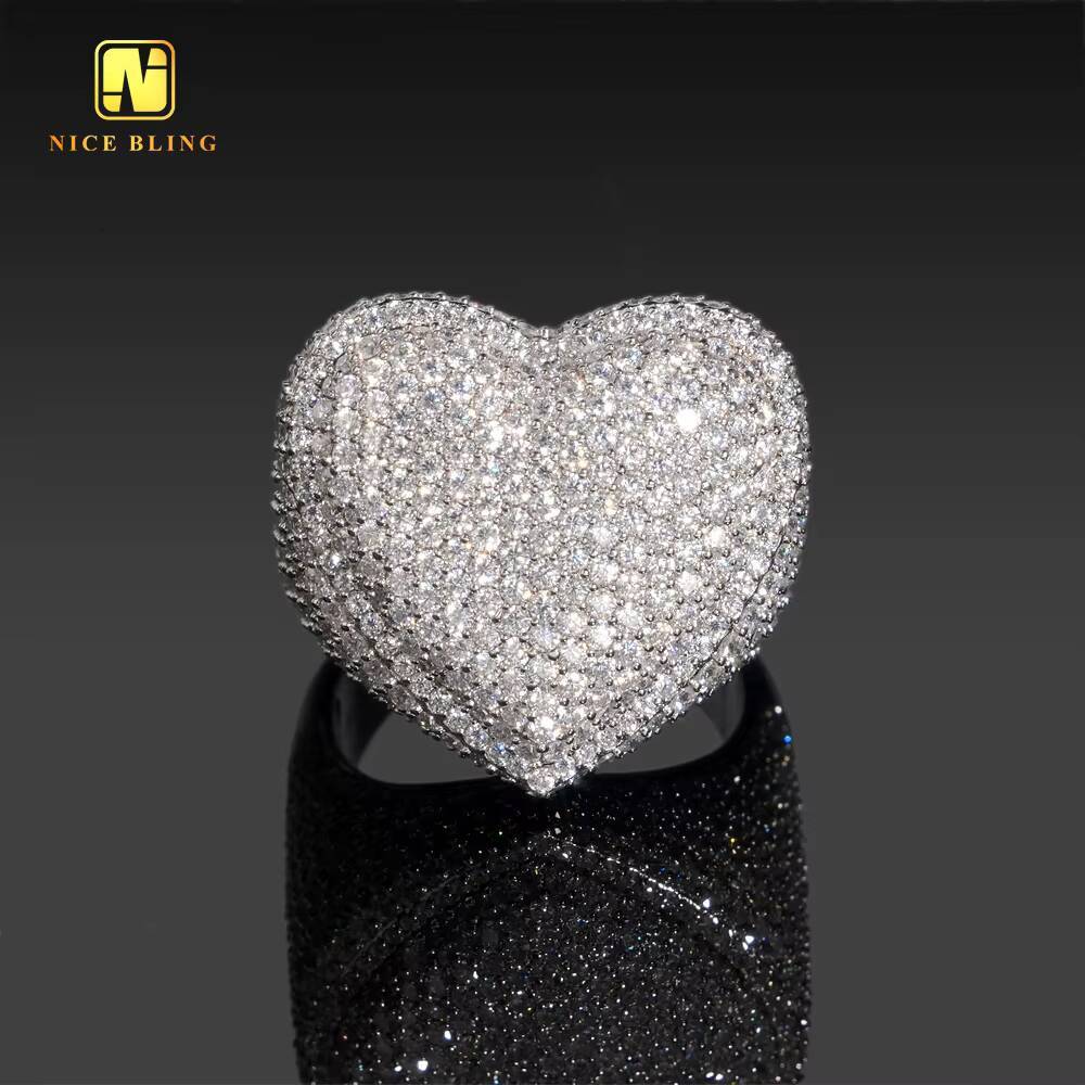 Pass Diamond Tester Heart Shape Hip Hop Rapper VVS Moissanite Fine Jewelry Diamond Iced Out Jewelry 925 Silver Ring for Men