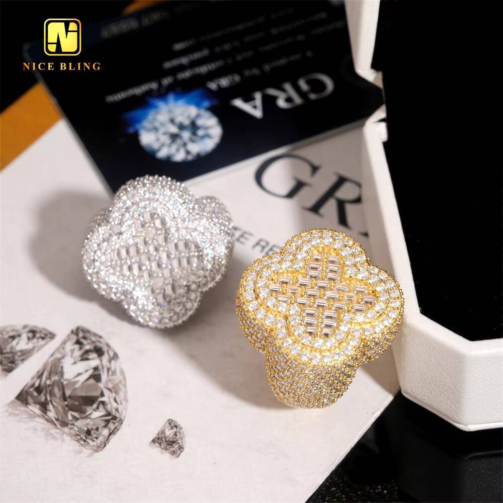 GRA Certificate Baguette Hip Hop Rapper VVS Moissanite Fine Jewelry Diamond Men Rings Iced Out Jewelry 925 Silver Clover Ring