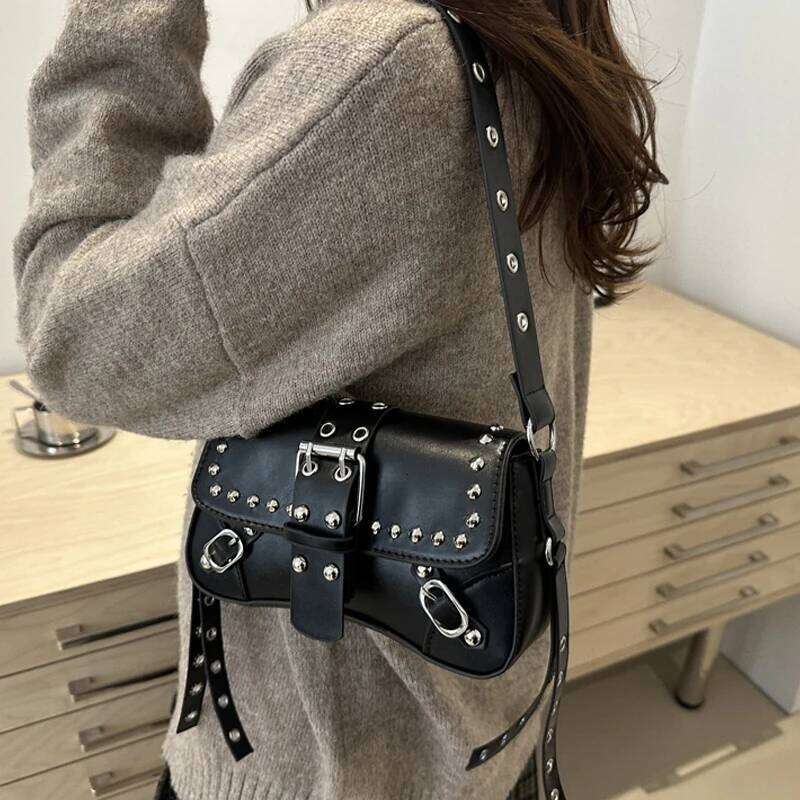 Shoulder Bag for Women Punk Style PU Leather Rock Fashion Handbags with Small Trendy Armpit Purse C260204