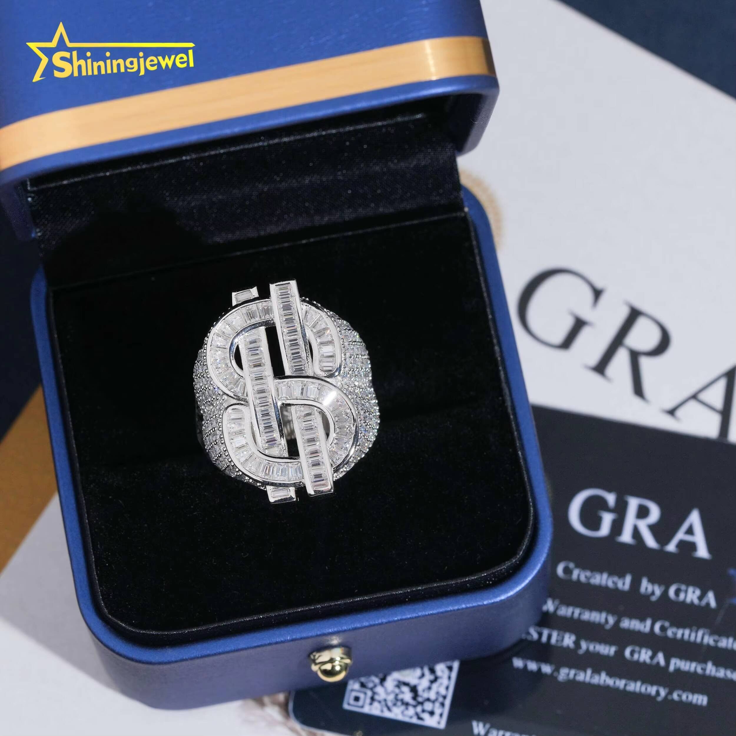 925 Silver Moissanite Hip Hop Jewelry Men Diamond Ring Pass Diamond Tester Iced Out baguette USD Dollar Ring