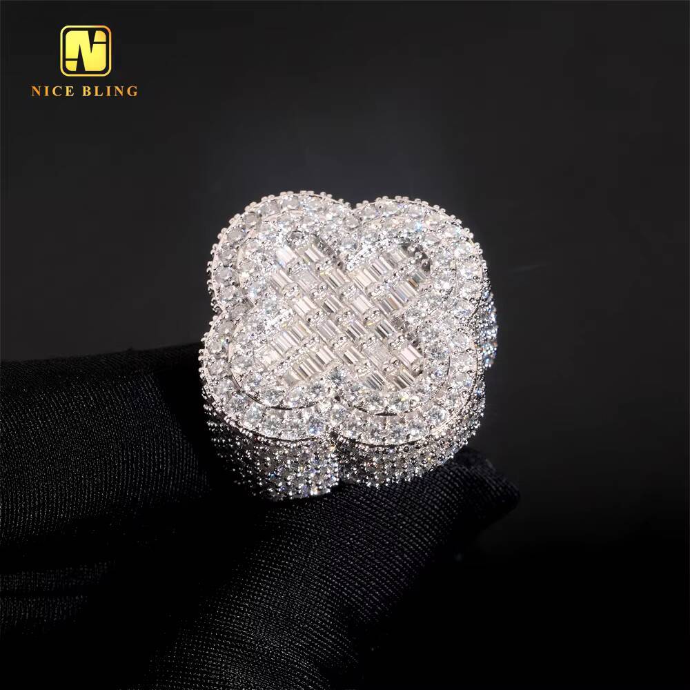 GRA Certificate Baguette Hip Hop Rapper VVS Moissanite Fine Jewelry Diamond Men Rings Iced Out Jewelry 925 Silver Clover Ring