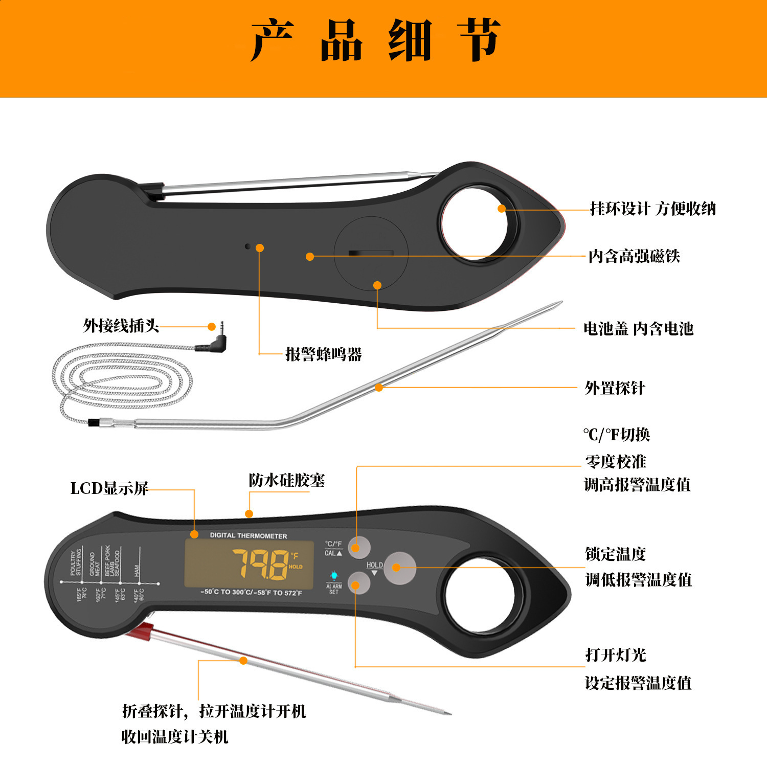 ThermoPro TP610 rechargeable 2-in-1 foldable wire probe digital backlit oven meat thermometer for kitchen cooking and grilling 241106