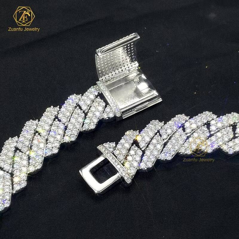 Hiphop Iced Out Cuban Chain VVS Moissanite 2 Rows Gold Cuban Necklace 925 Sterling Silver Diamond Moissanite Cuban Link Chain