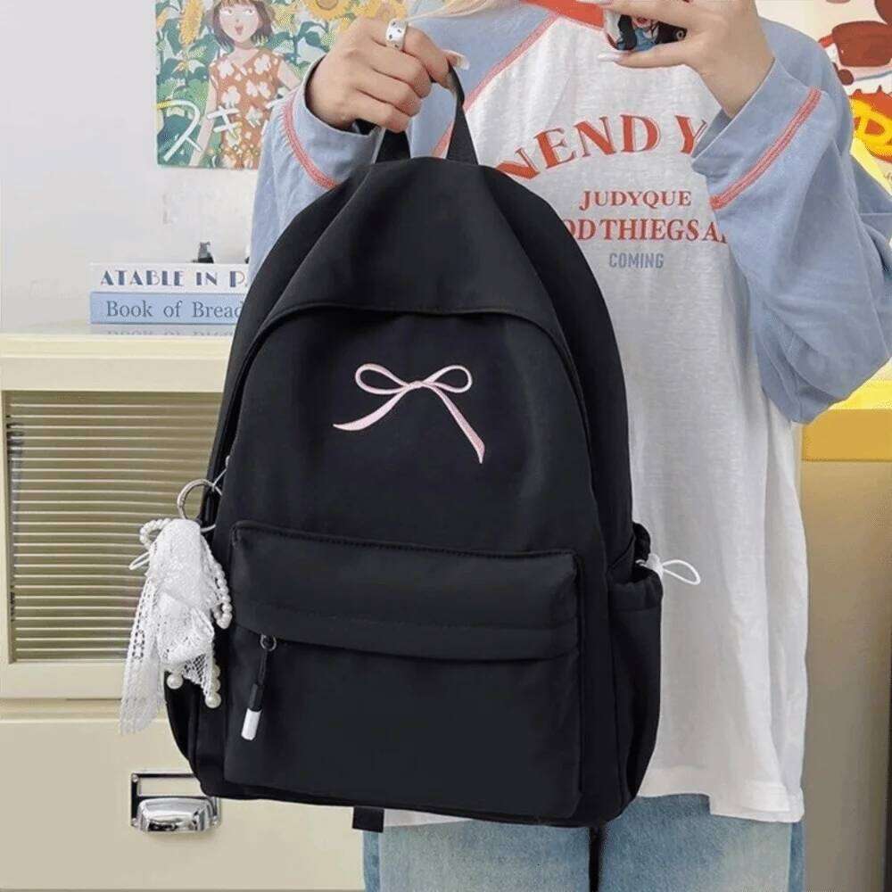 Portable Embroidered Bow Girls Backpack Nylon Large Capacity Students Schoolbag Solid Color Lightweight Travel Rucksack Z260202