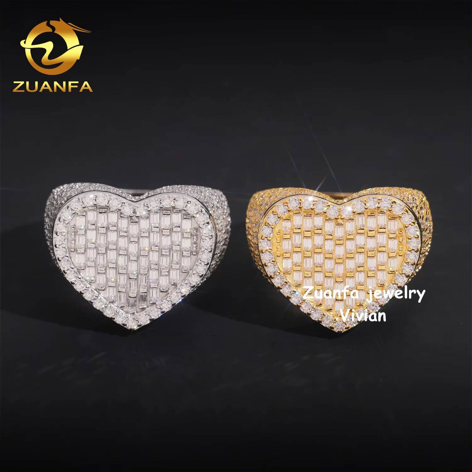 Iced Out Hip Hop Jewelry Gift 925 Sterling Silver VVS Moissanite Diamond Heart Ring for Men