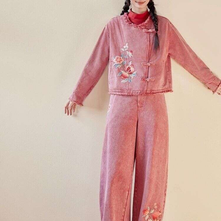 Original Ethnic Autumn New Chinese Style Embroidery Denim Top And Pants Two-Piece Set