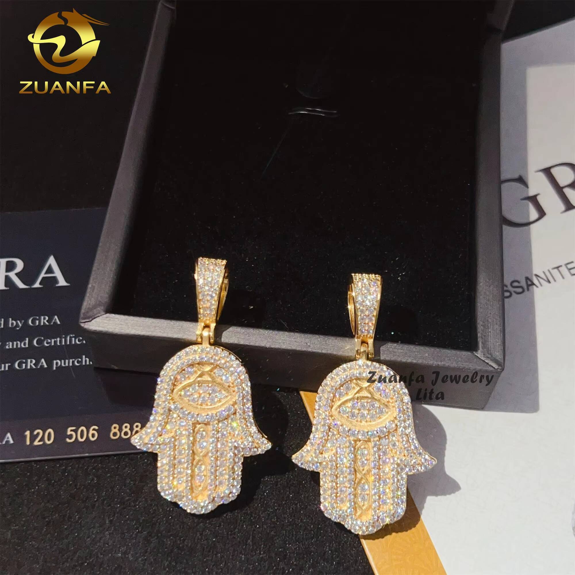 New Arrival Hip Hop Jewelry 18k Gold Plated GRA Certificate Custom 925 Silver VVS Moissanite Hamsa Hand Pendant