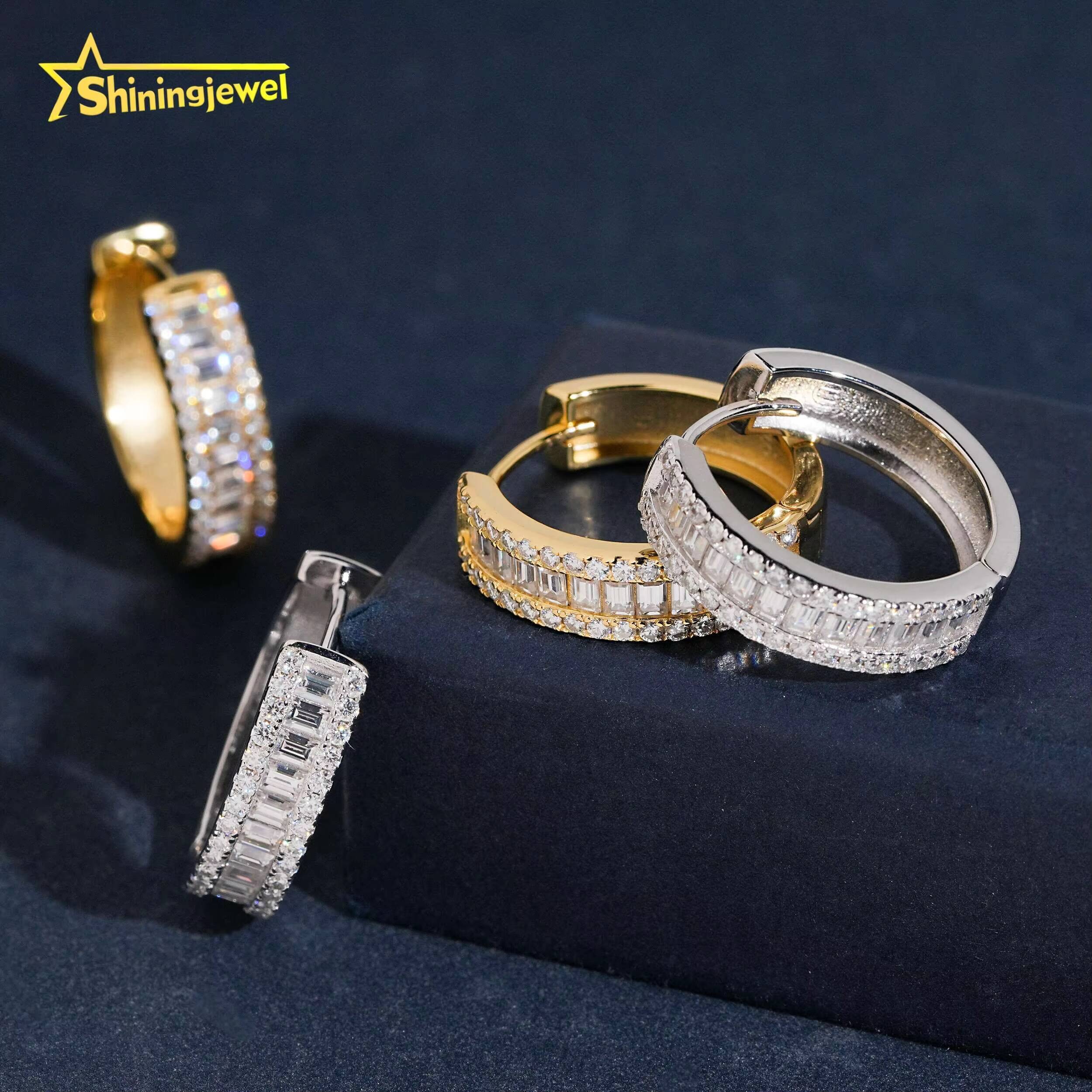 GRA Certificate Iced Out Baguette Moissanite Hoop Earrings 925 Sterling Silver Hip Hop Women Fine Earrings