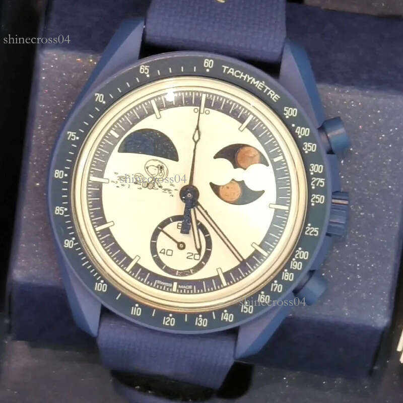 moonswatche New color Mens Quartz Watch Moon Blue Bioceramic Chronograph with Moon Phase, 42mm Nylon Strap, Premium Timepiece 078