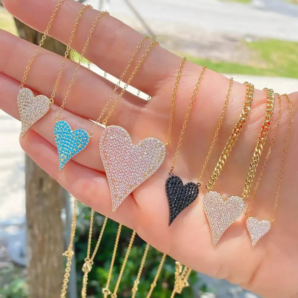 Hot Sale New Fashion Design Micro Pave Clear Cz Cute Danity Heart Charm Pendant Necklace Women Delicate Chain Hearts Jewelry