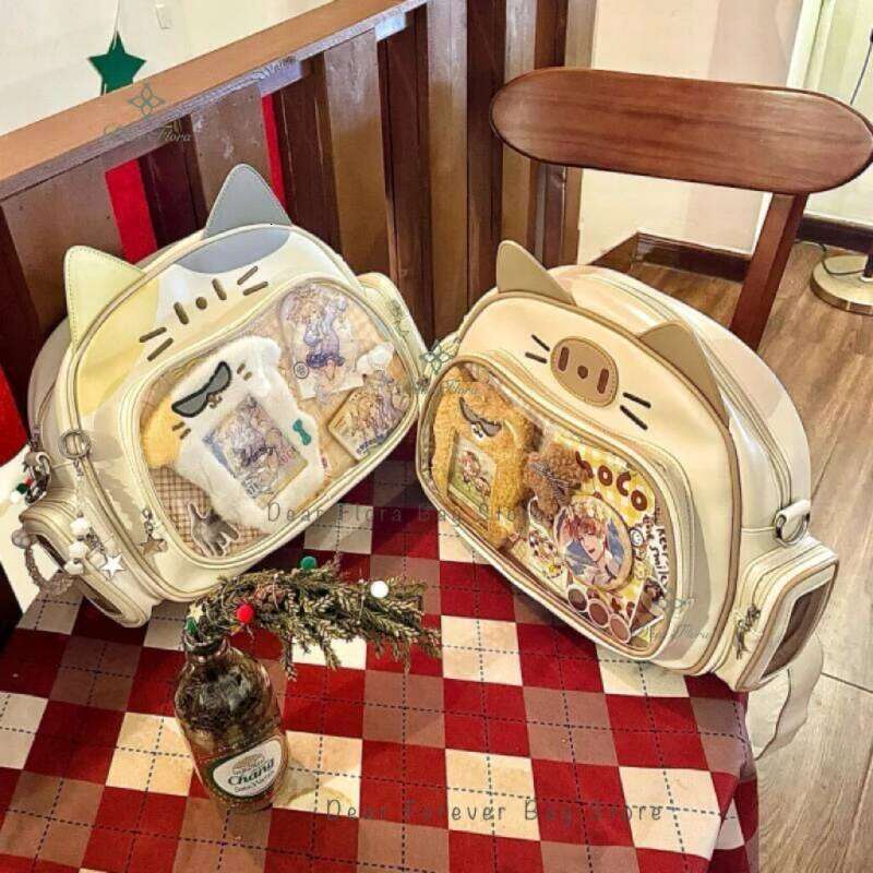 New Y2K Korean Kawaii Cat Ita Cute PU Shoulder Girls Transparent Pocket Harajuku Crossbody Bag Women's Fashion Backpacks Z260202