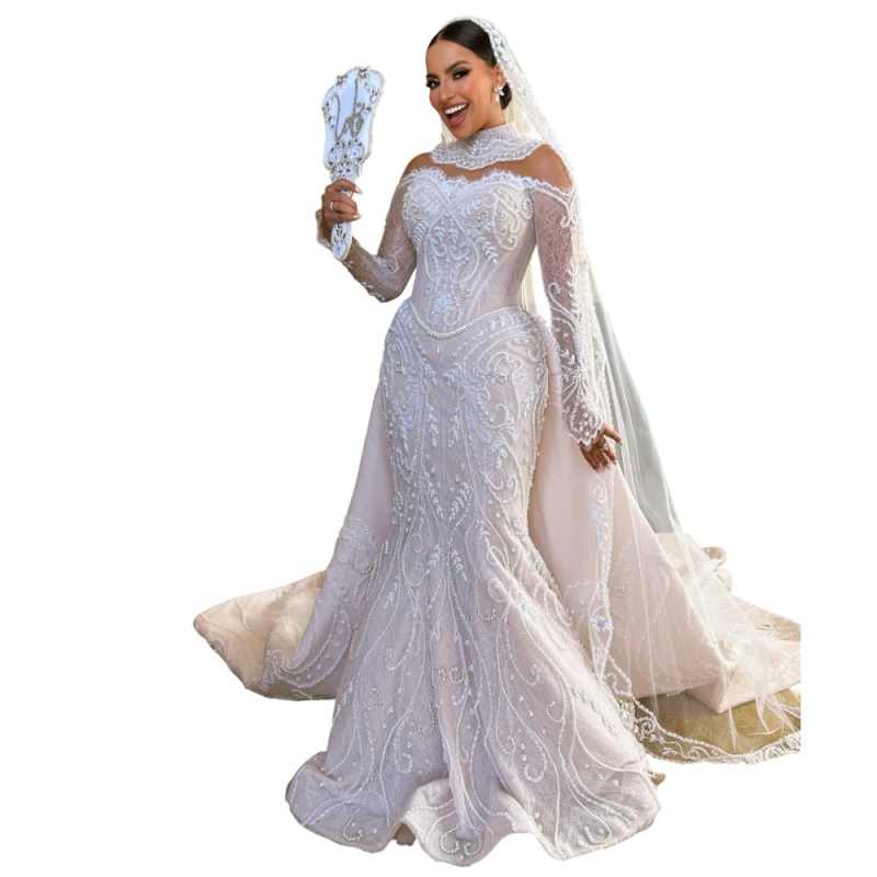 Detachable Train Sleeve Beaded Wedding Dress Charming Lace Appliques Bridal Gown Customized Luxury Mermaid Dresses For Bride